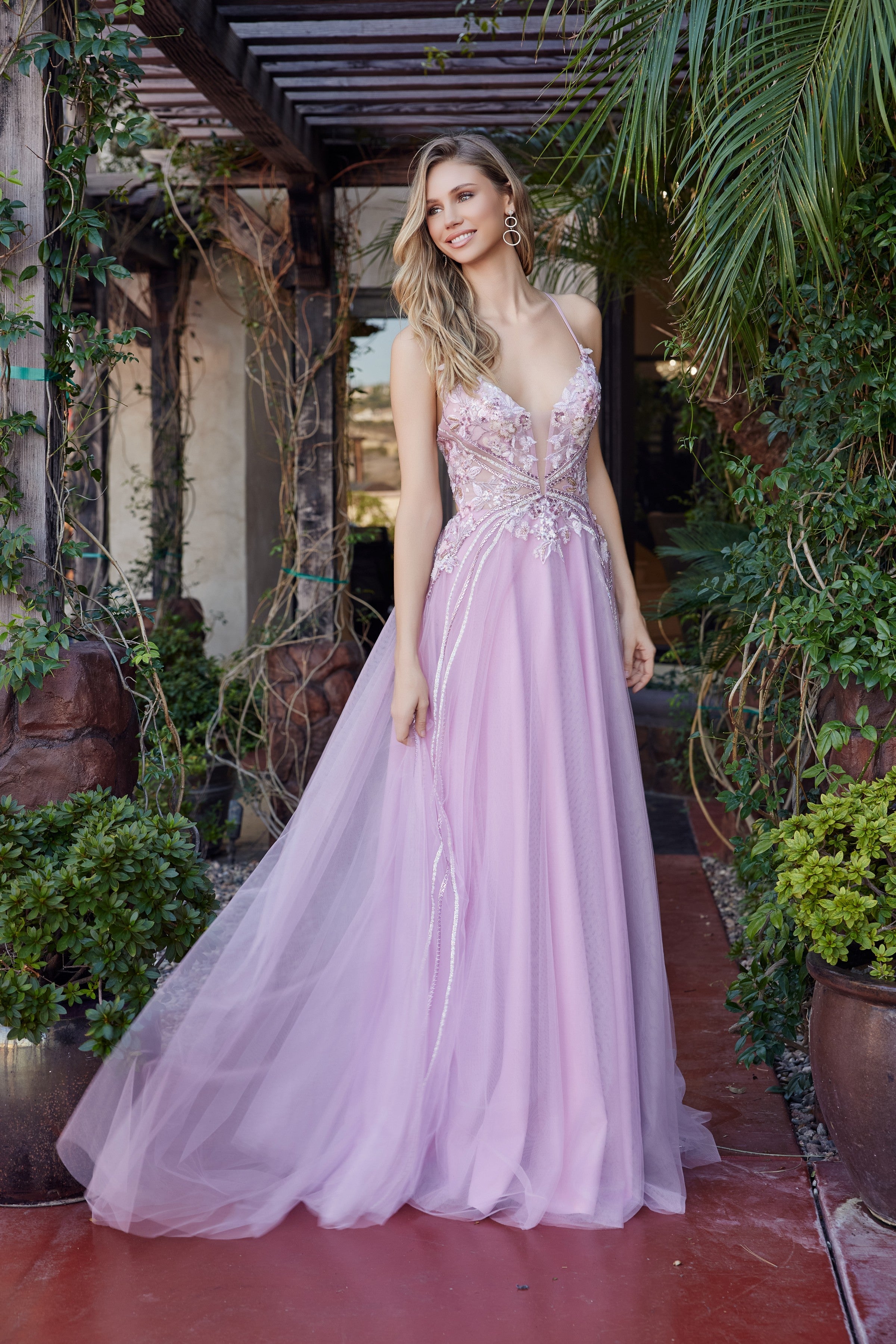 Applique V-Neck A-line Gown by Nox Anabel G1795