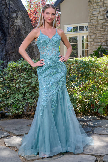 Applique Fitted V-Neck Gown by Elizabeth K GL3692