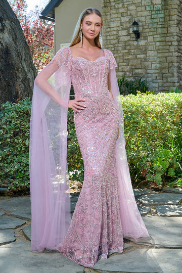 Beaded Fitted Cape Sleeve Gown by GLS Gloria GL3704