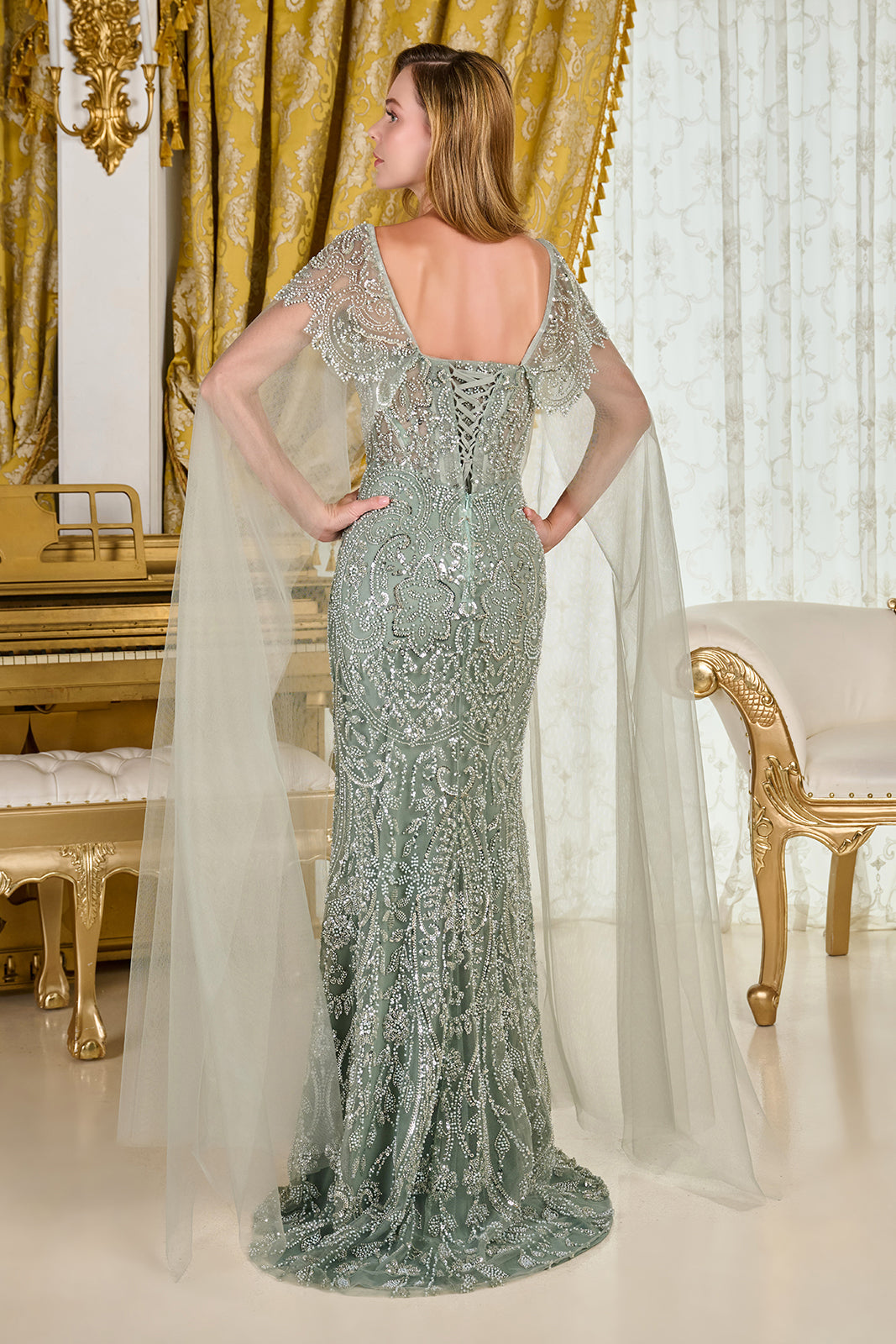 Beaded Fitted Cape Sleeve Gown by GLS Gloria GL3704