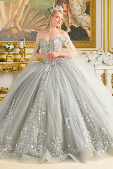 Beaded Cape Sleeve Ball Gown | Elizabeth K GL3711