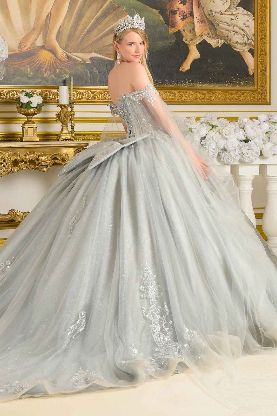 Beaded Cape Sleeve Ball Gown | Elizabeth K GL3711