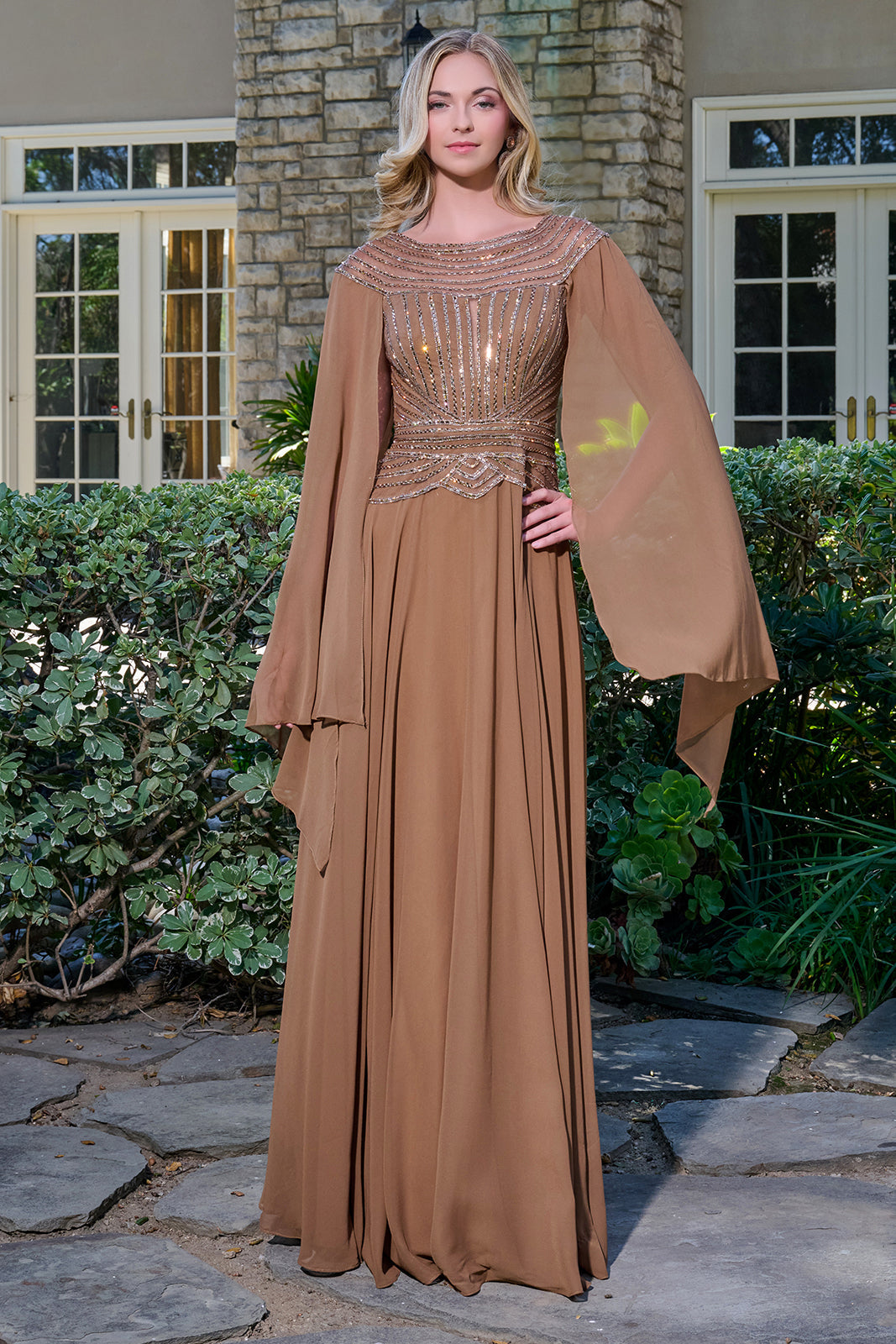 Beaded Cape Sleeve A-line Gown by GLS Gloria GL3736