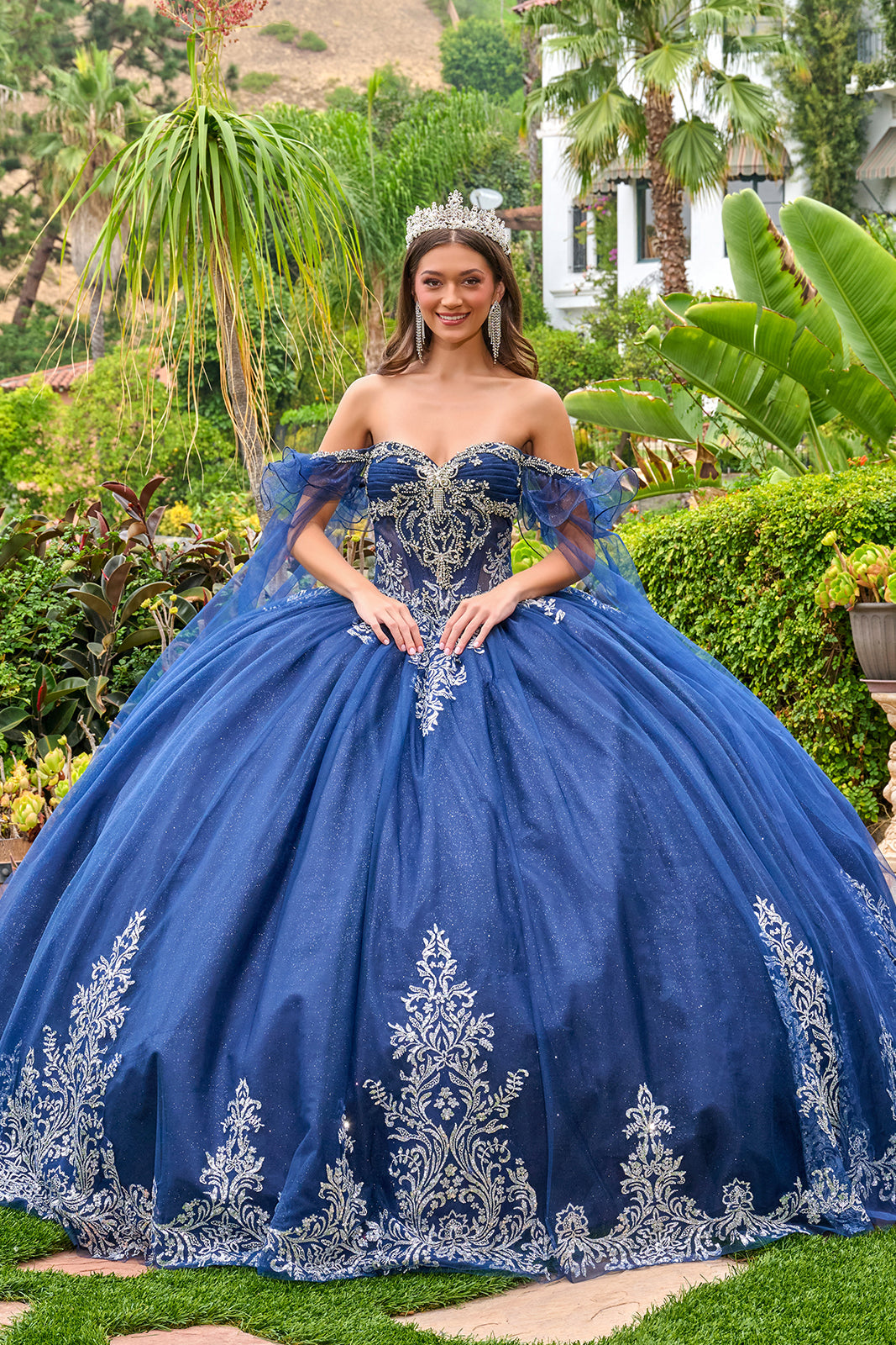 Beaded Cape Sleeve Ball Gown | Elizabeth K GL3752