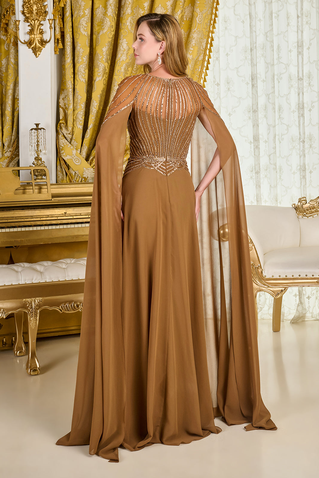 Beaded Fitted Cape Sleeve Gown by GLS Gloria GL3785