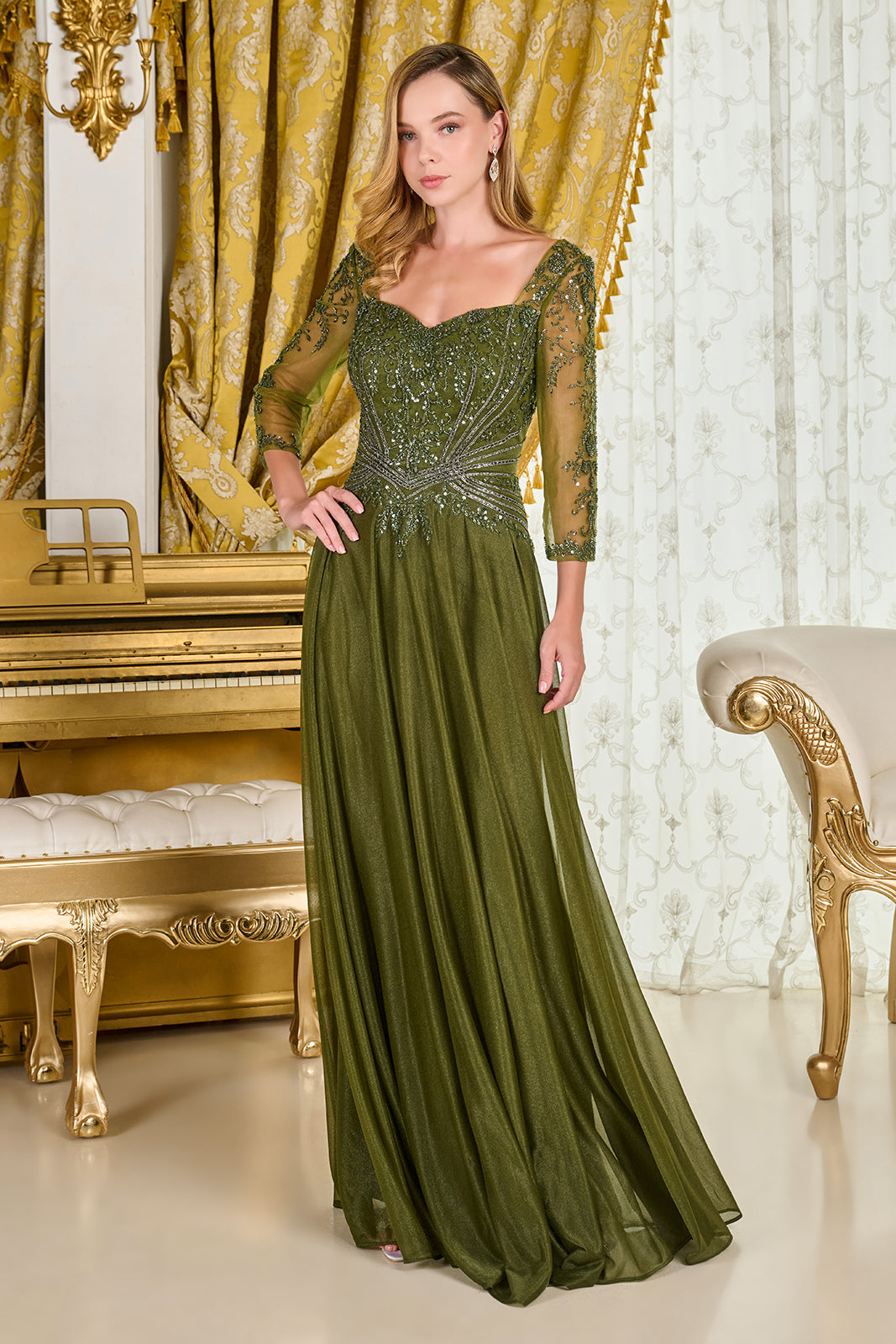 Beaded 3/4 Sleeve A-line Gown by GLS Gloria GL3787