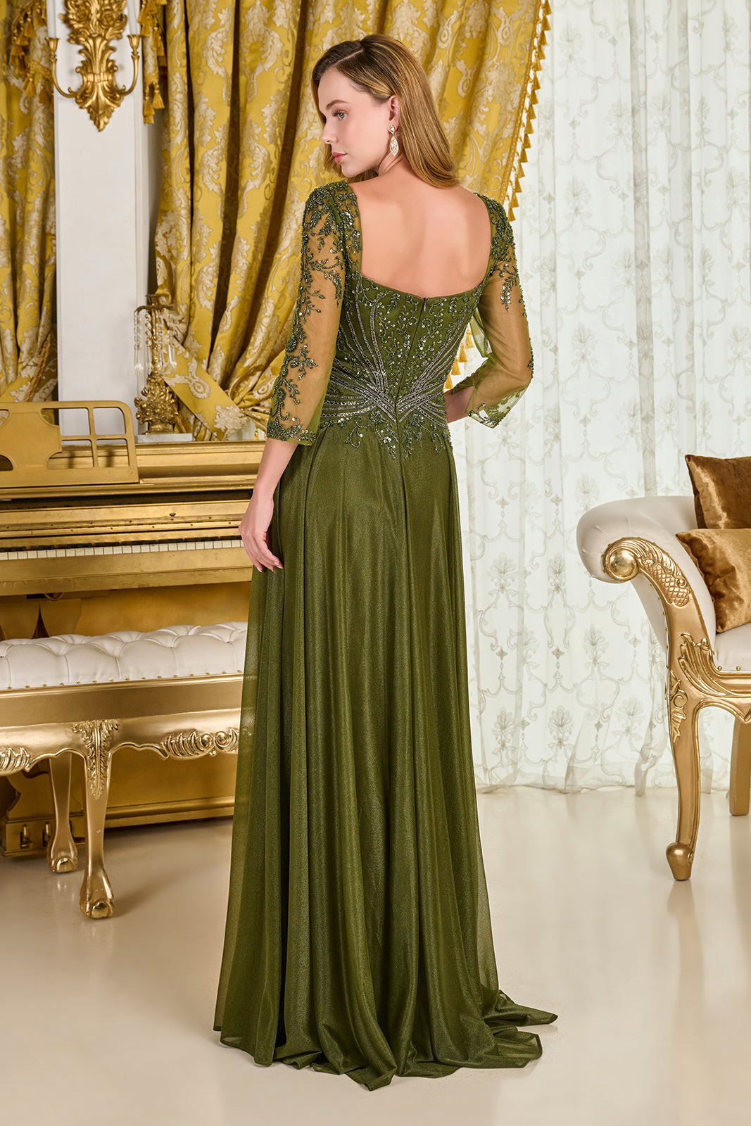 Beaded 3/4 Sleeve A-line Gown by GLS Gloria GL3787