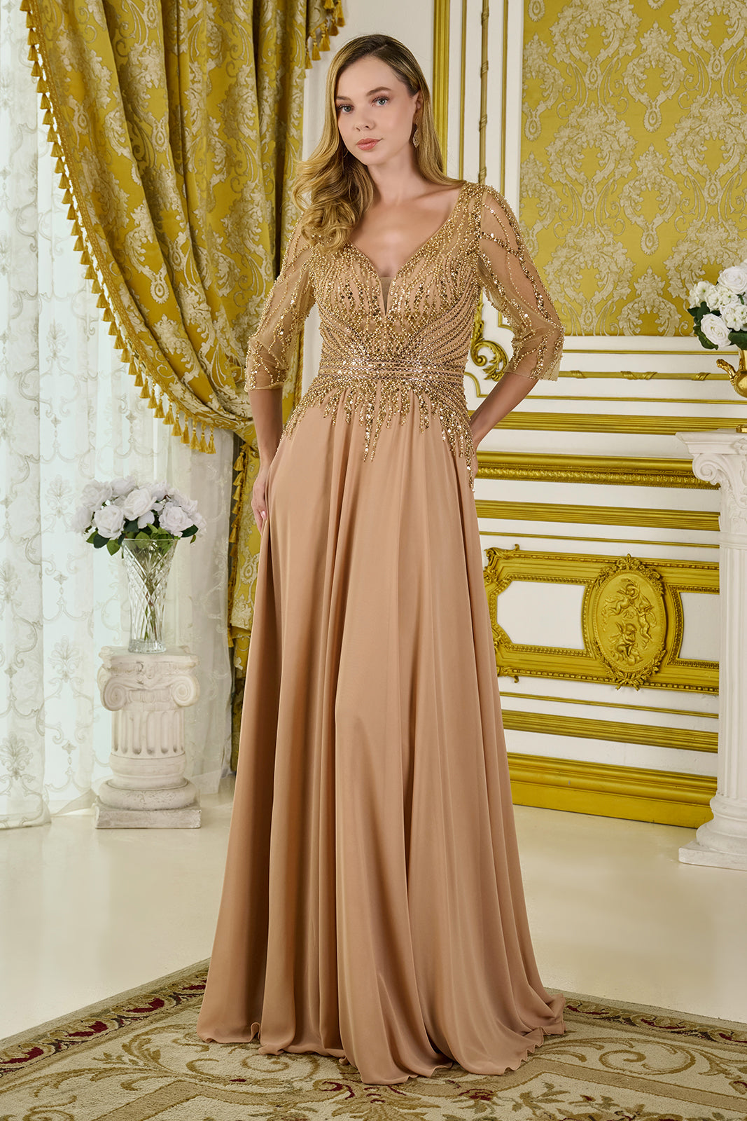 Beaded 3/4 Sleeve A-line Gown by GLS Gloria GL3796