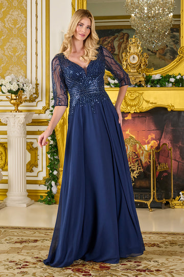 Beaded 3/4 Sleeve A-line Gown by GLS Gloria GL3796