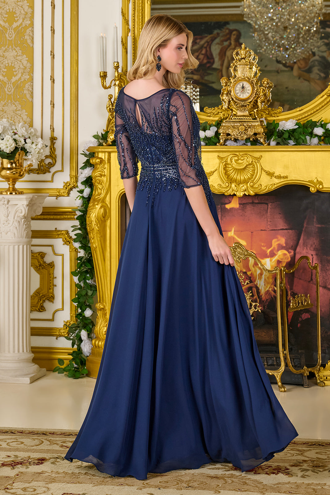 Beaded 3/4 Sleeve A-line Gown by GLS Gloria GL3796