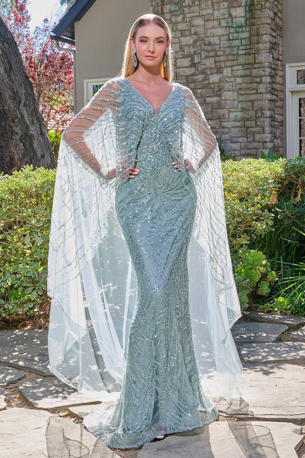 Beaded Fitted Capelet Gown by GLS Gloria GL3835