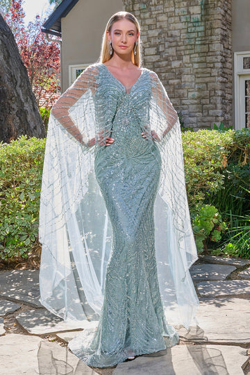 Beaded Fitted Capelet Gown by GLS Gloria GL3835