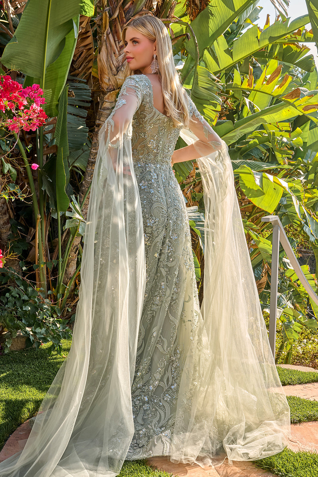 Beaded Cape Sleeve A-line Gown by GLS Gloria GL3838