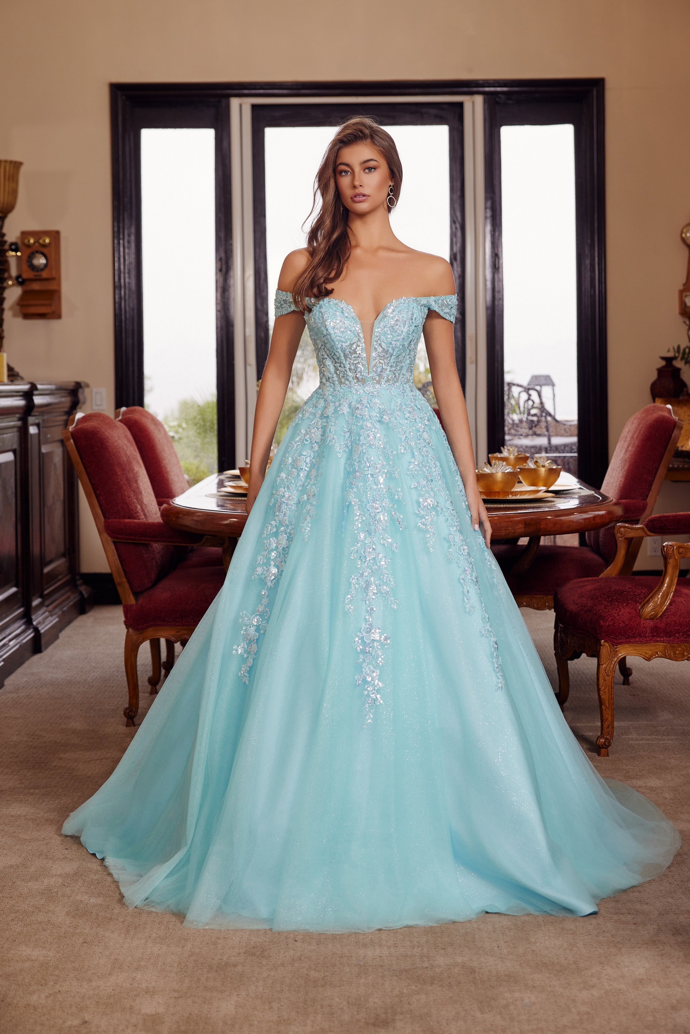 Applique Off Shoulder Ball Gown by Nox Anabel H1881