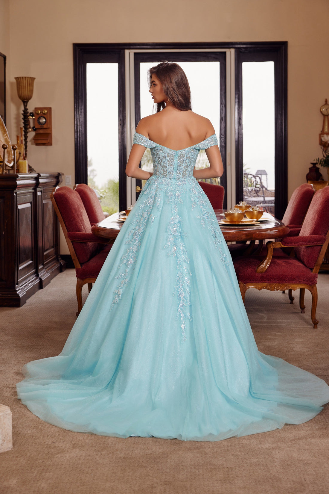 Applique Off Shoulder Ball Gown by Nox Anabel H1881