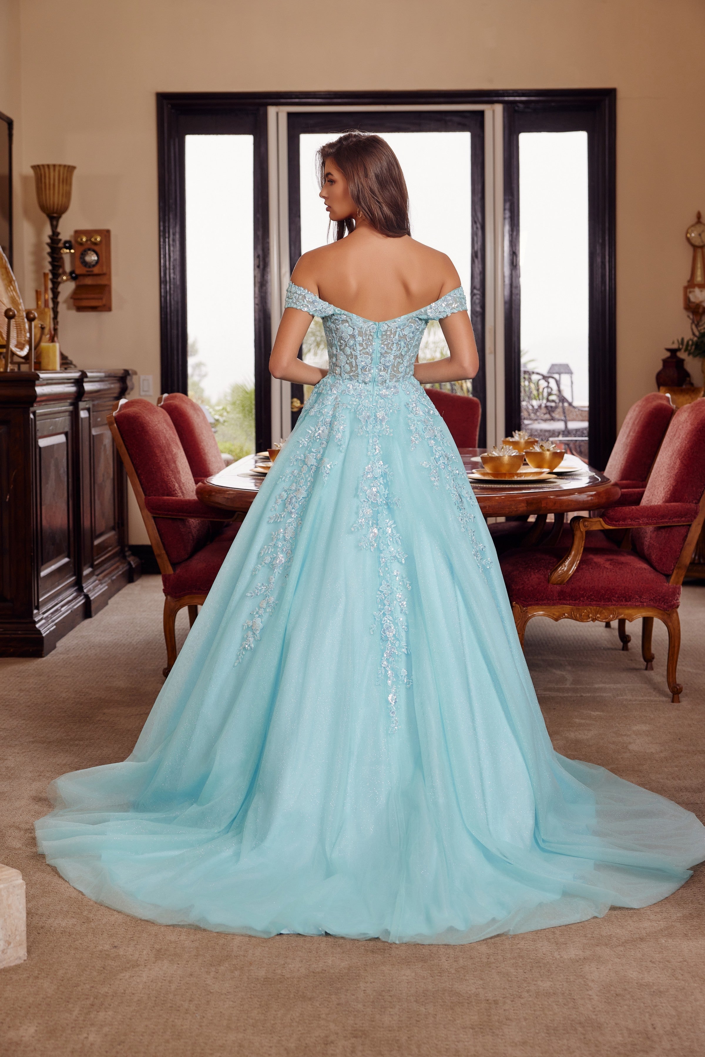 Applique Off Shoulder Ball Gown by Nox Anabel H1881