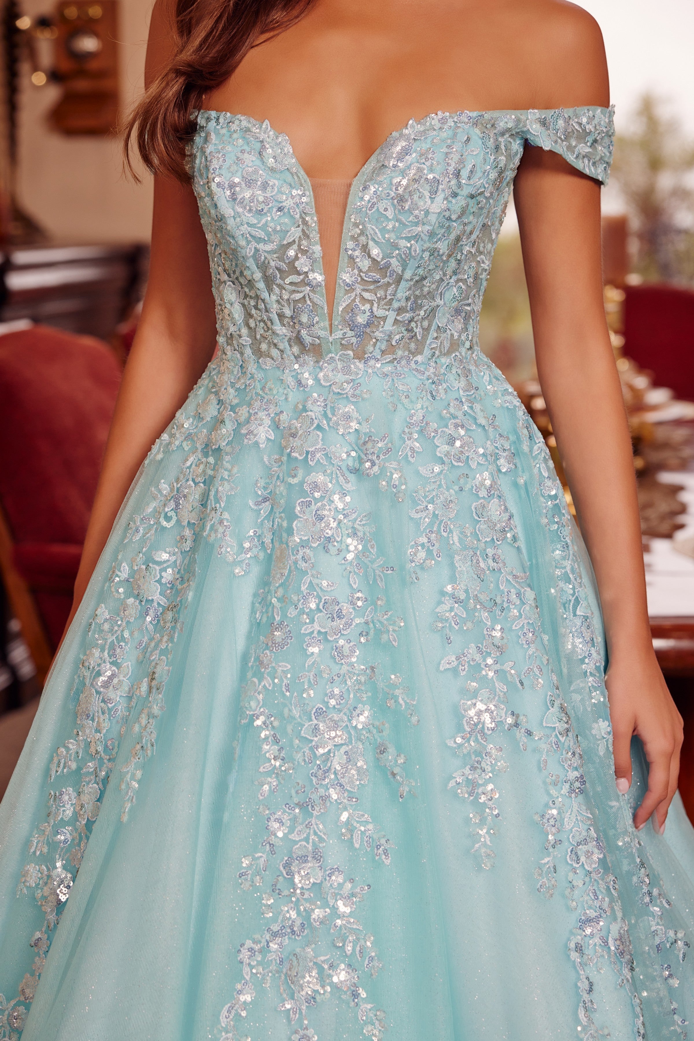 Applique Off Shoulder Ball Gown by Nox Anabel H1881