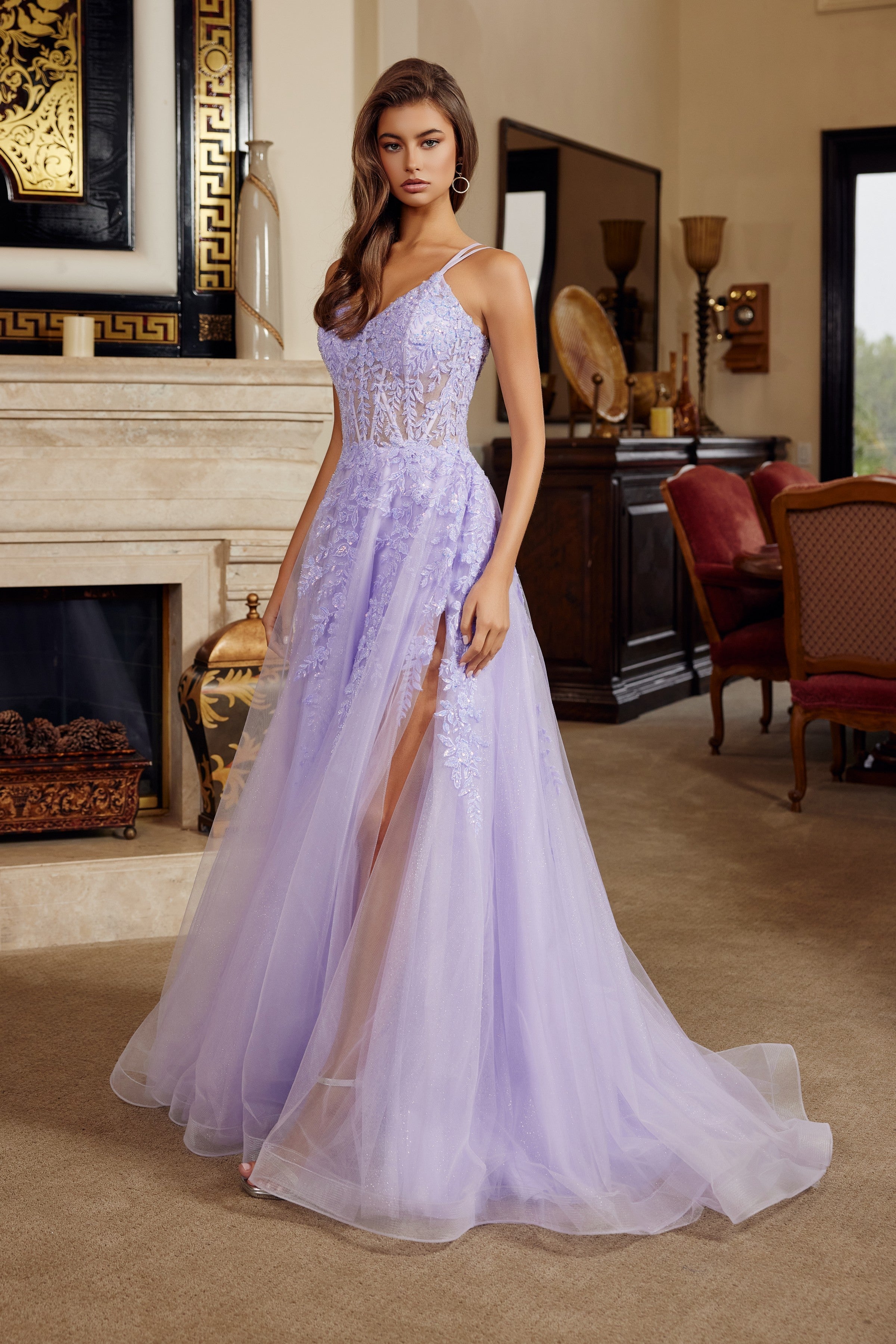 Applique Sleeveless A-line Slit Gown by Nox Anabel H1882