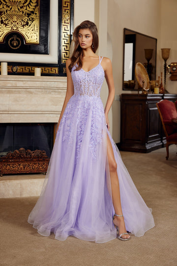 Applique Sleeveless A-line Slit Gown by Nox Anabel H1882