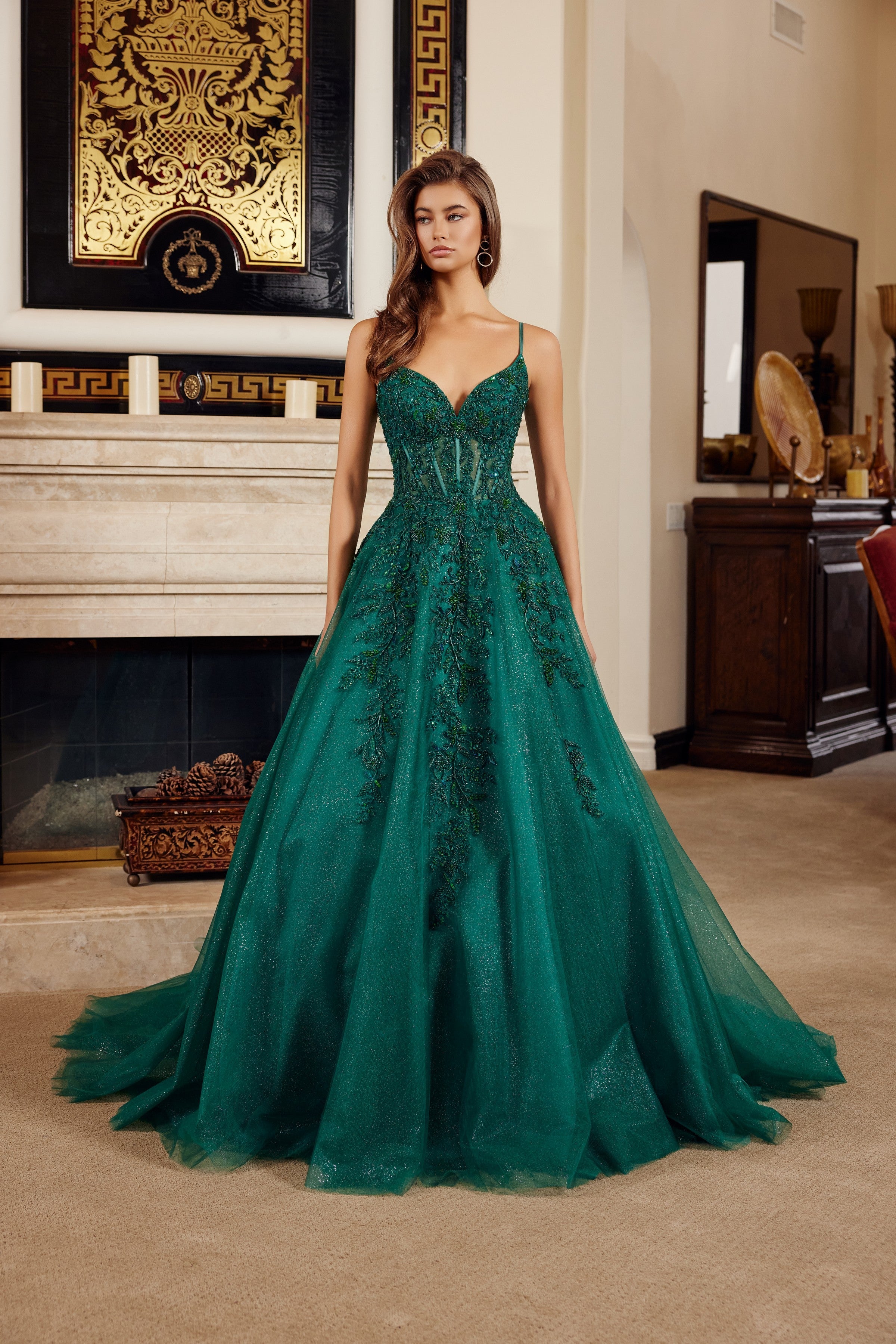 Applique V-Neck A-line Gown by Nox Anabel H1883
