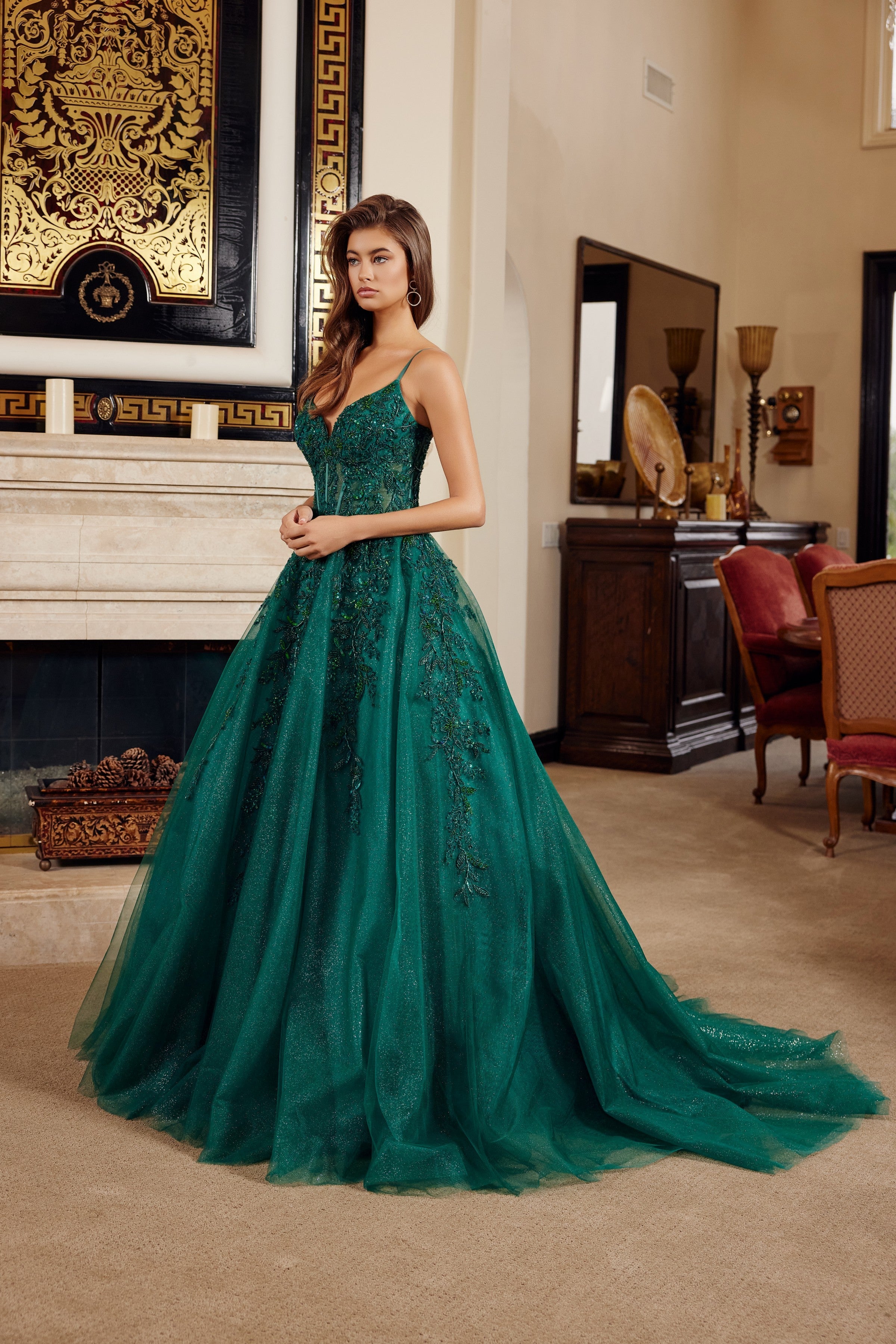 Applique V-Neck A-line Gown by Nox Anabel H1883