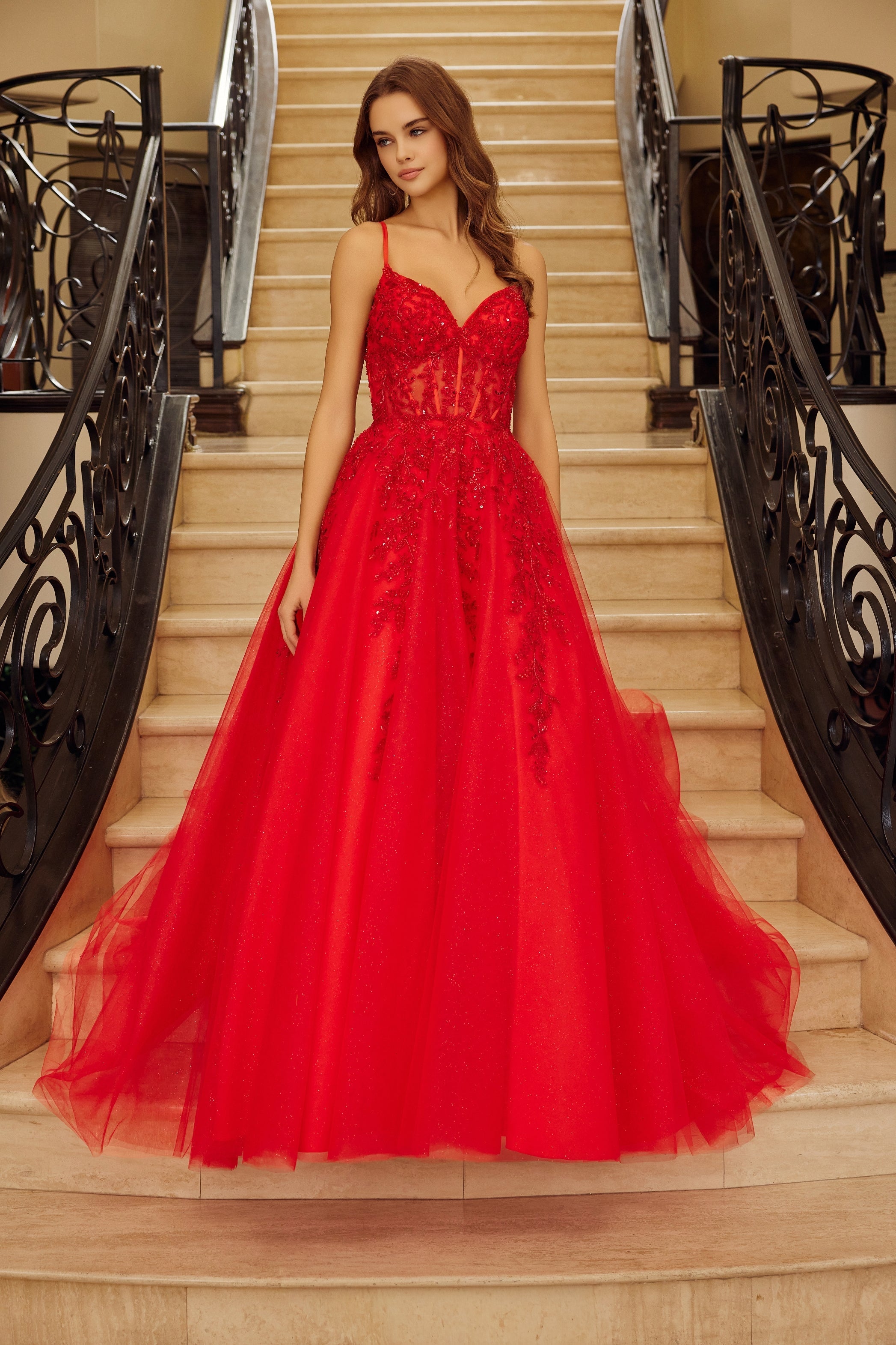 Applique V-Neck A-line Gown by Nox Anabel H1883
