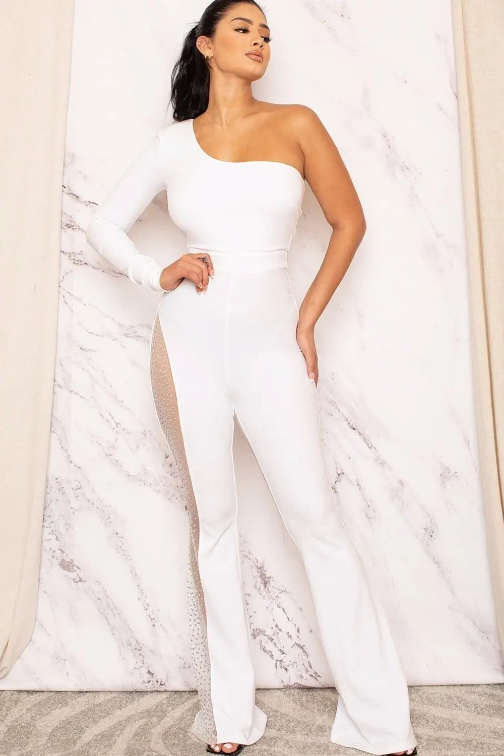 Rhinestone One Shoulder Jumpsuit - Mesh Bell Bottom Party Wear BOUTINIE