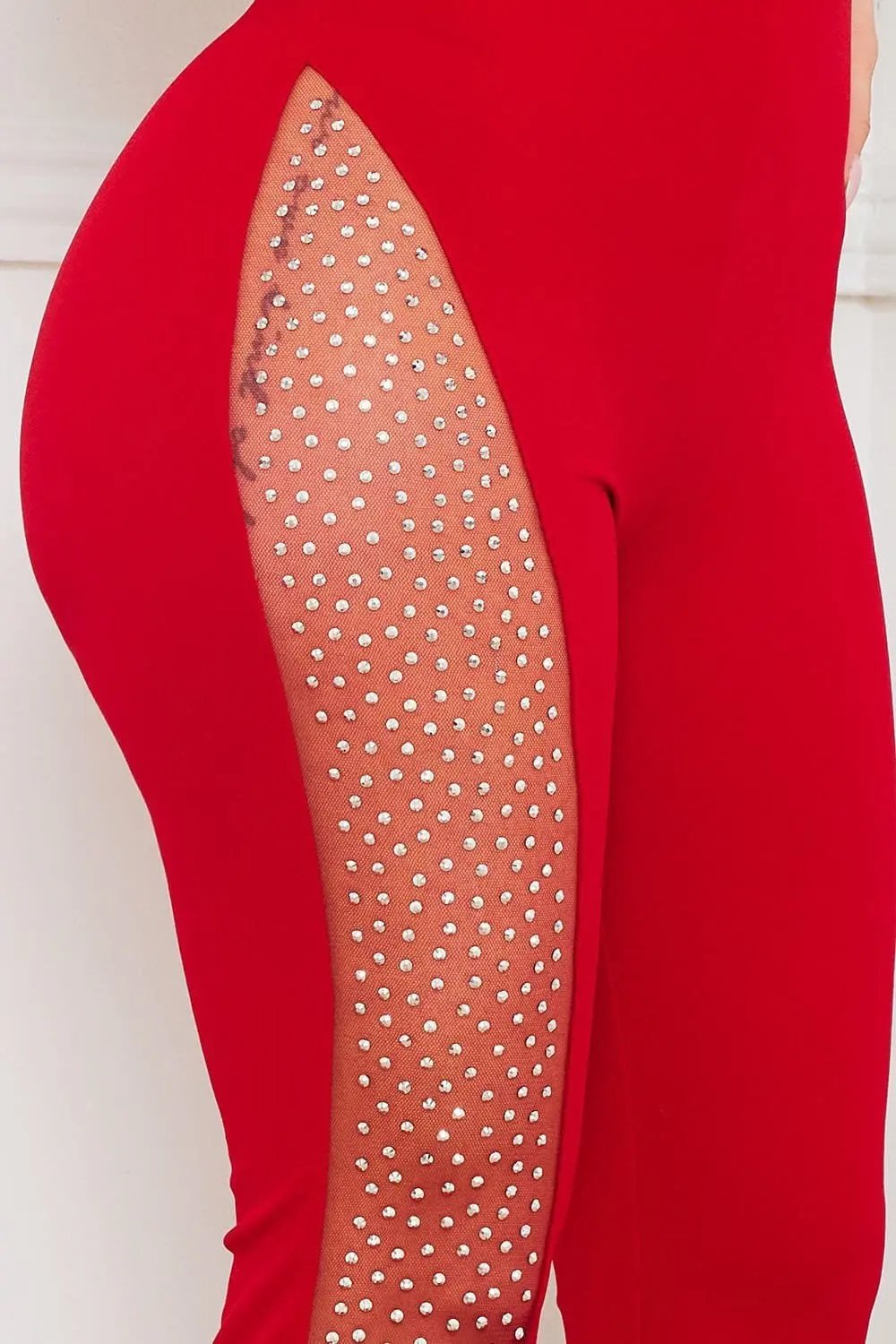 Rhinestone One Shoulder Jumpsuit - Mesh Bell Bottom Party Wear BOUTINIE