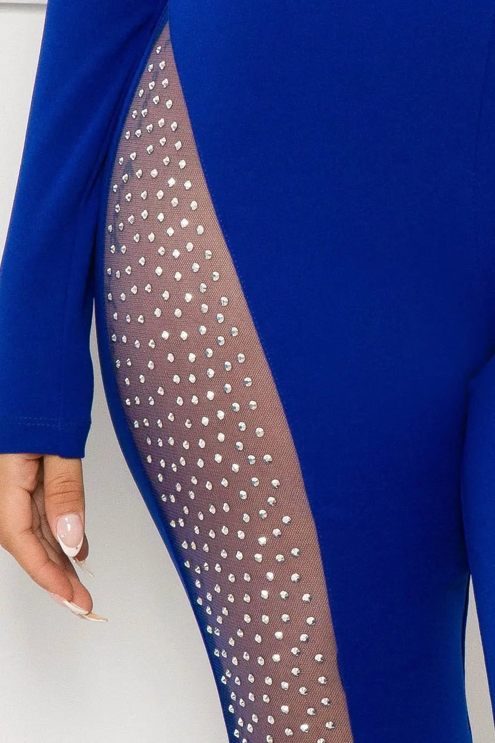 Rhinestone One Shoulder Jumpsuit - Mesh Bell Bottom Party Wear BOUTINIE