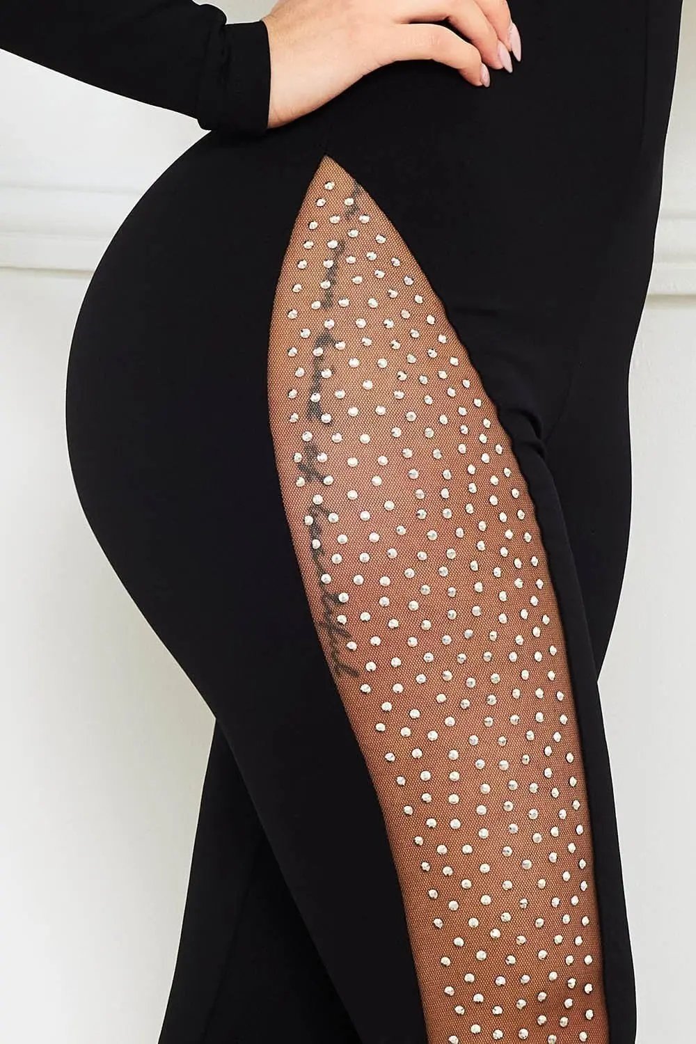 Rhinestone One Shoulder Jumpsuit - Mesh Bell Bottom Party Wear BOUTINIE