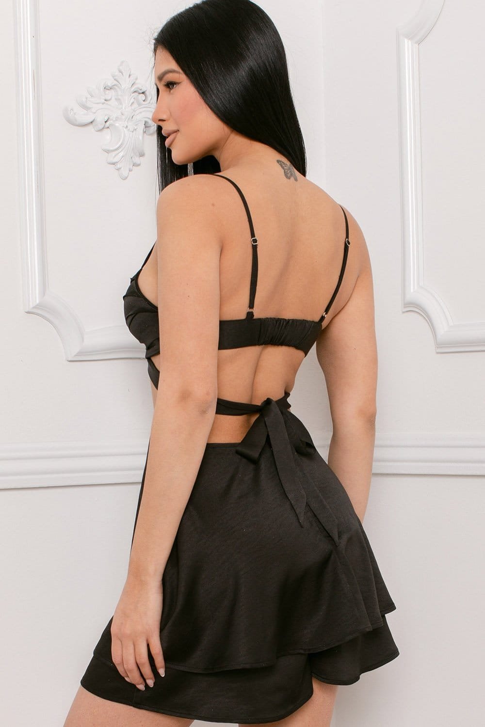 Satin Bra Top Skort - Adjustable Spaghetti Strap, Flare Bottom Skort Dress BOUTINIE