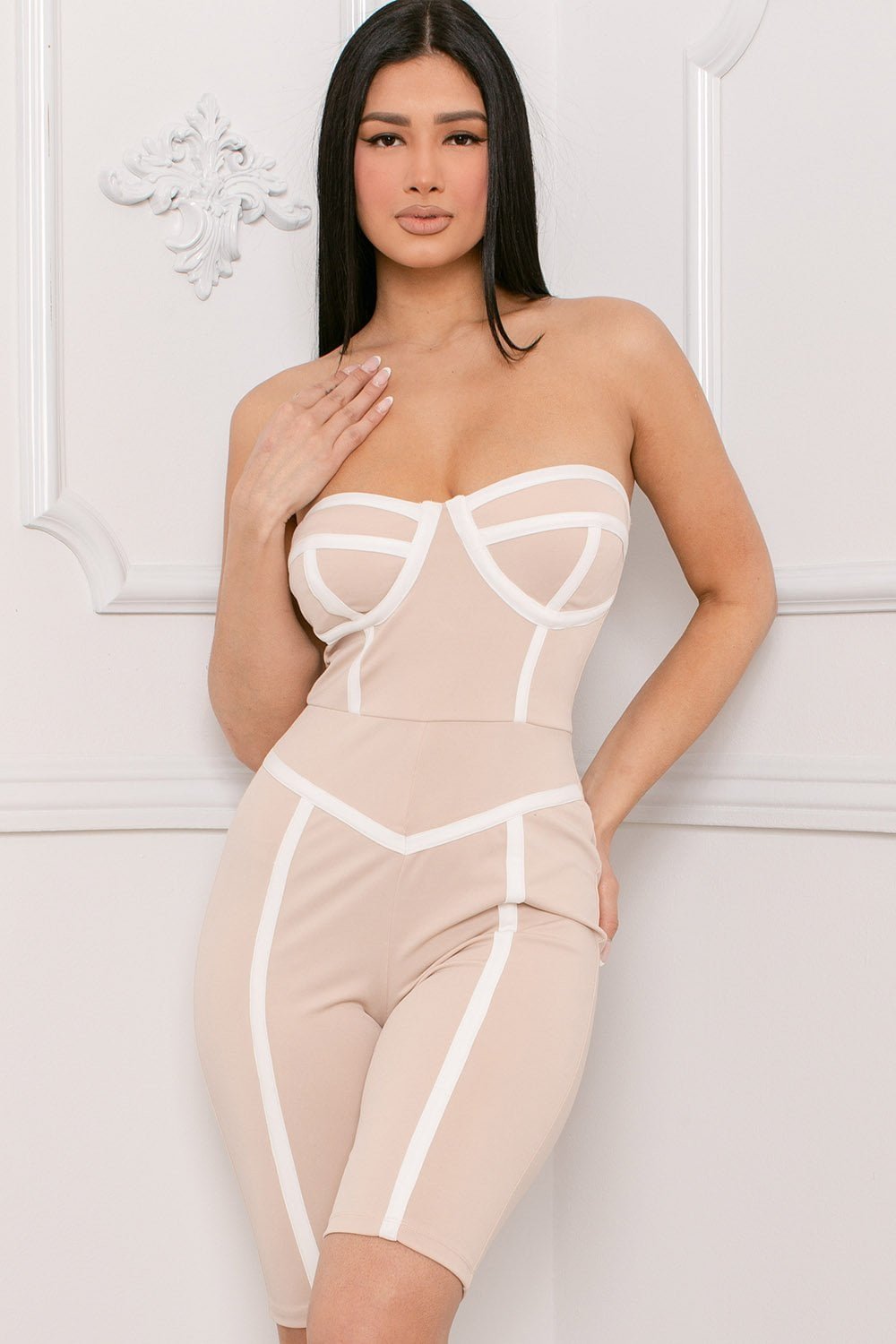 Bustier Top Romper – Contrast Piping Zipper Back Biker Style BOUTINIE