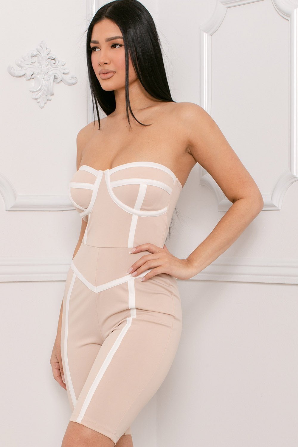 Bustier Top Romper – Contrast Piping Zipper Back Biker Style BOUTINIE