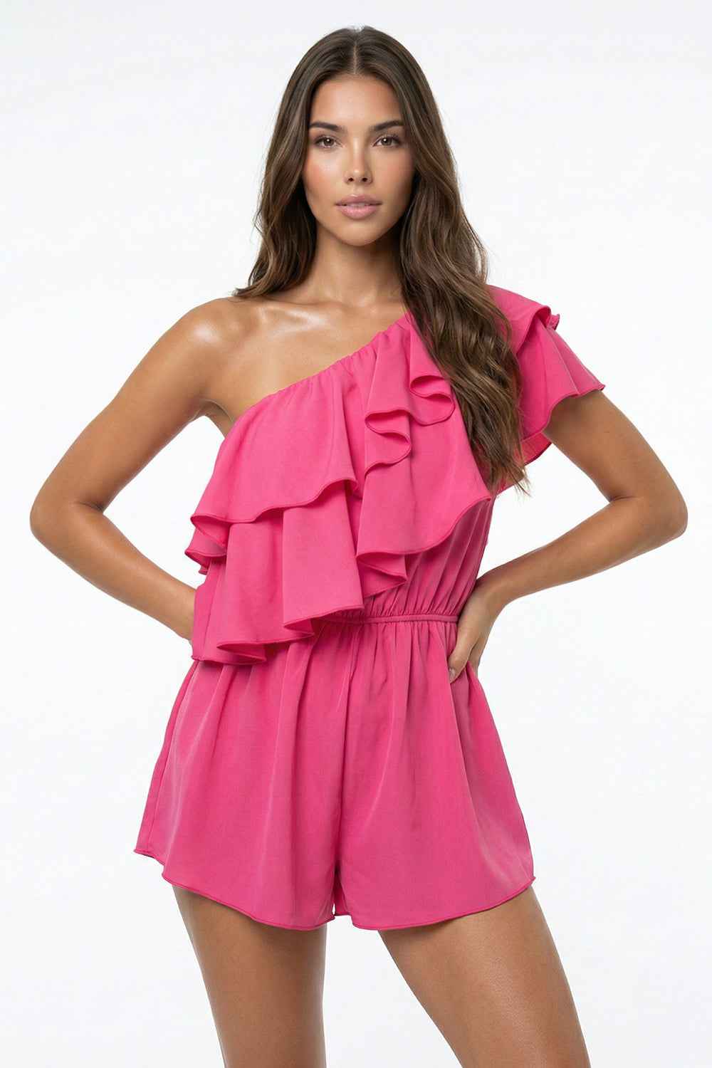 Double Ruffle One Shoulder Romper