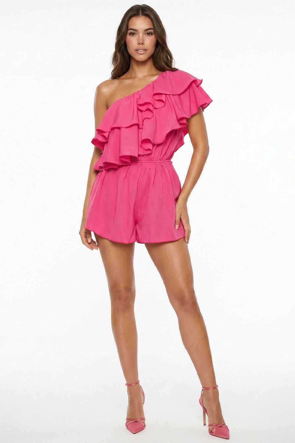 Double Ruffle One Shoulder Romper