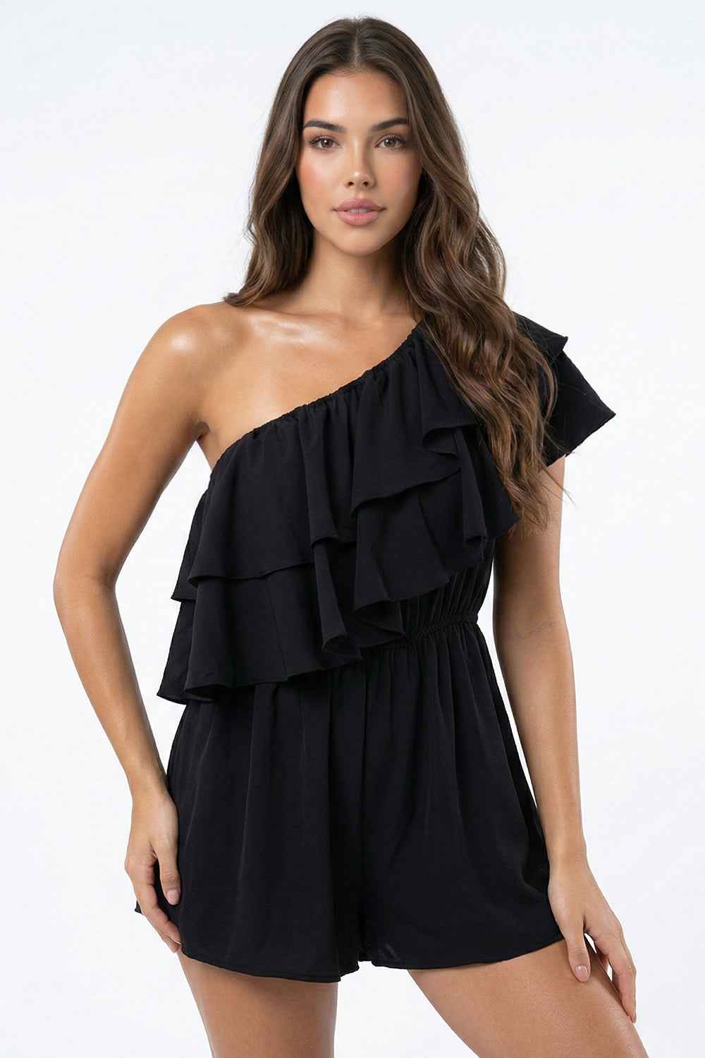 Double Ruffle One Shoulder Romper