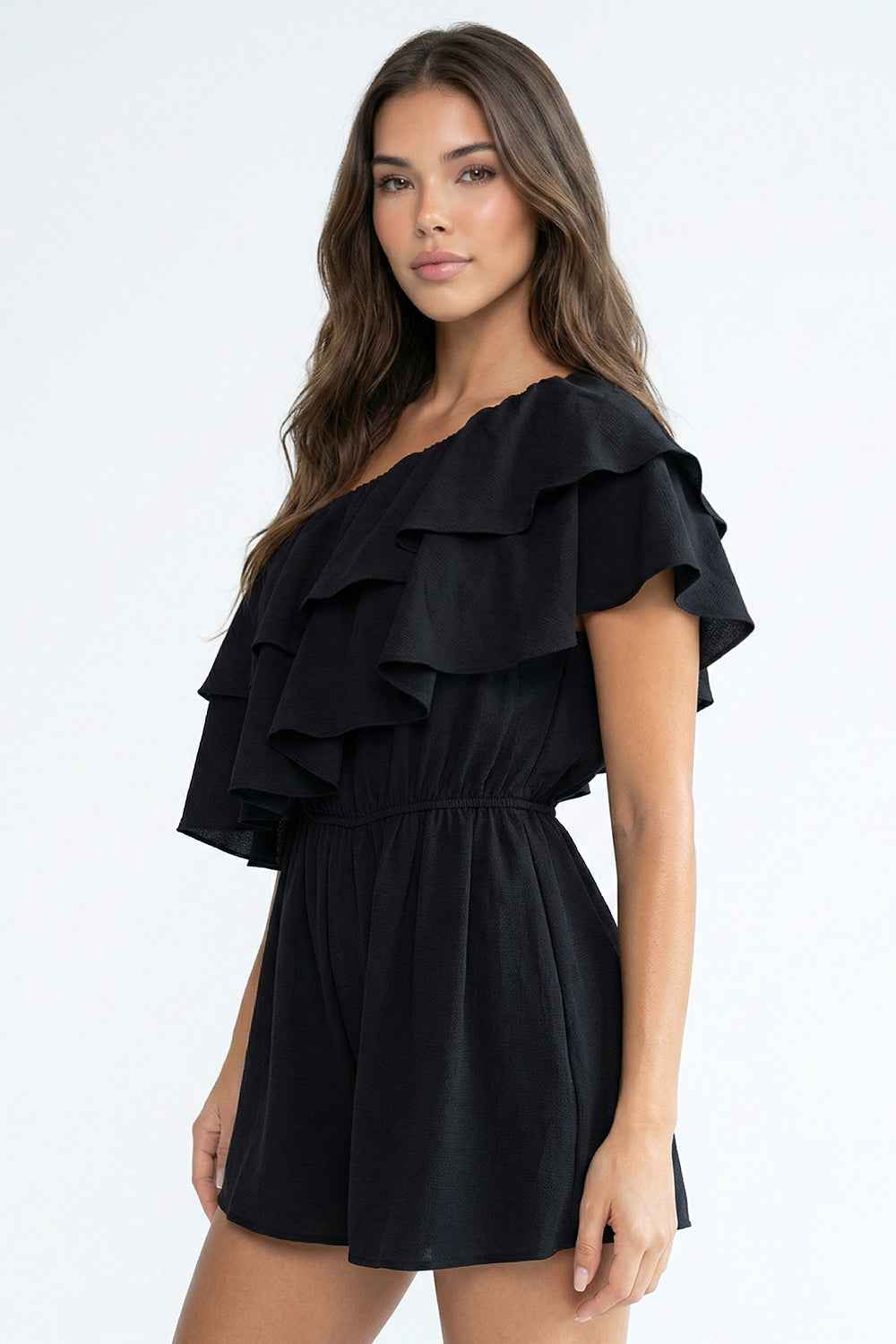 Double Ruffle One Shoulder Romper