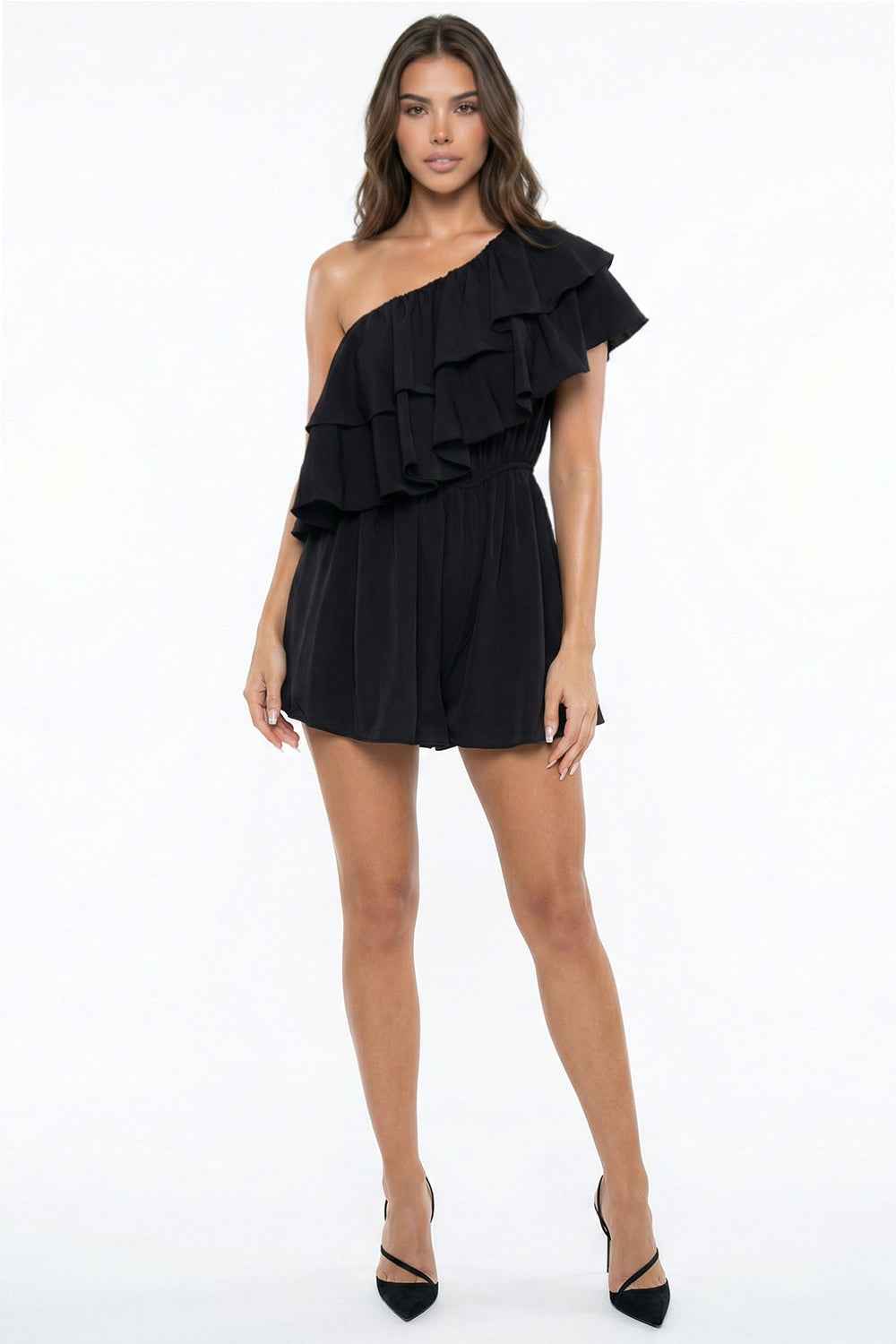 Double Ruffle One Shoulder Romper