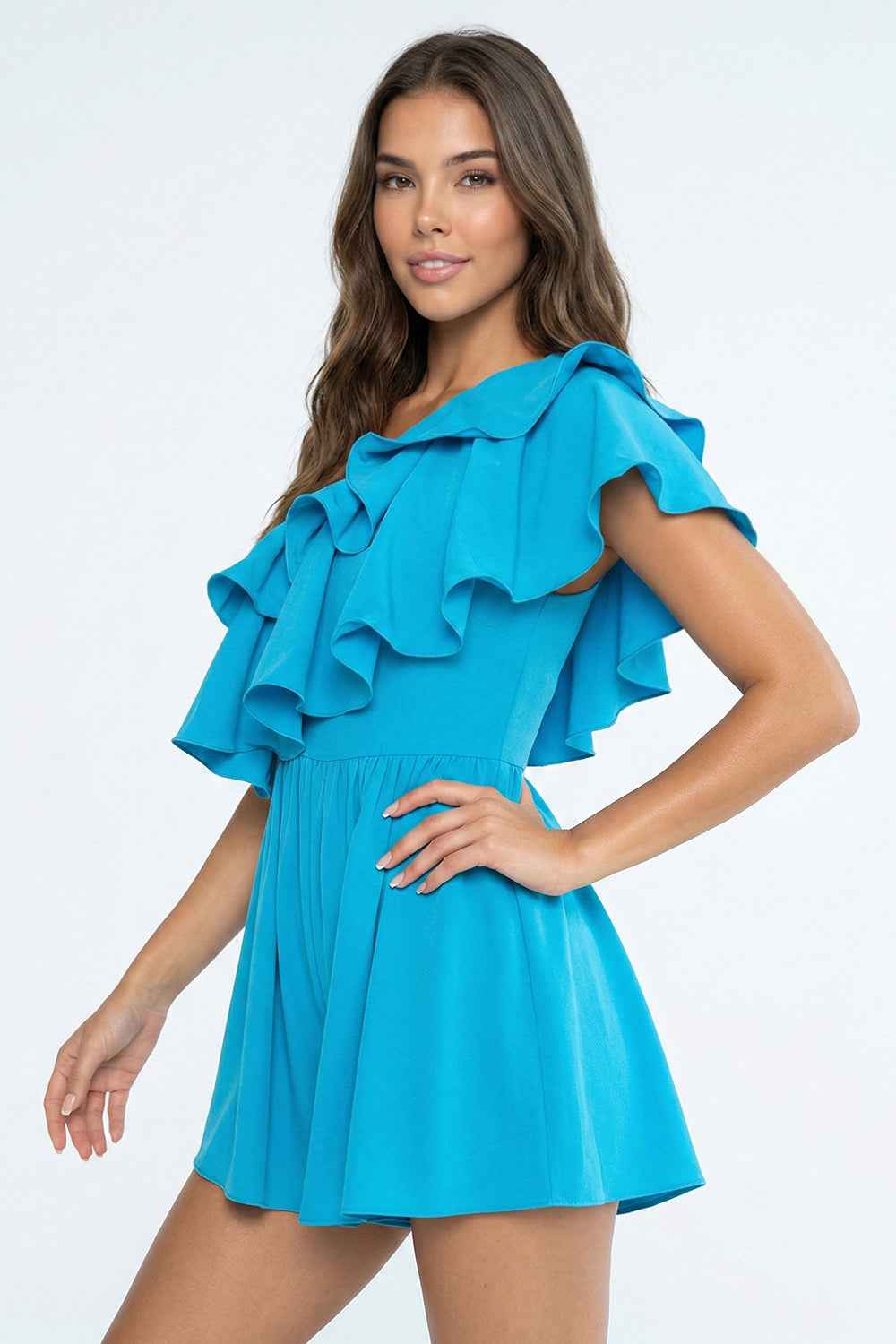 Double Ruffle One Shoulder Romper