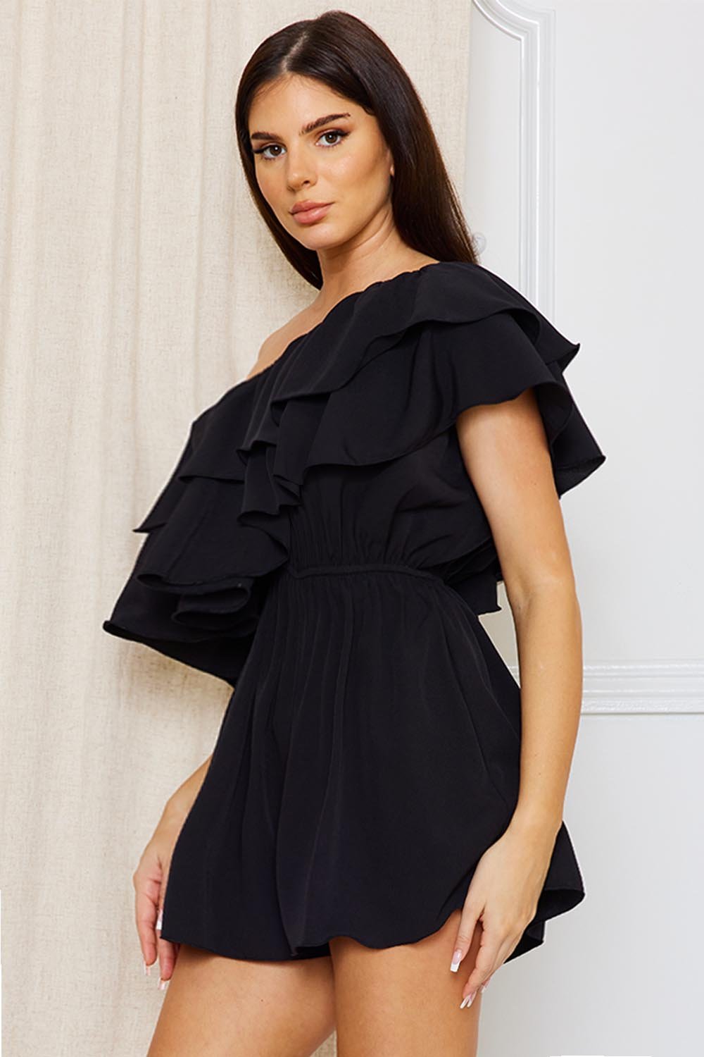 One Shoulder Romper - Double Ruffle Flare Shorts Elastic Waist BOUTINIE