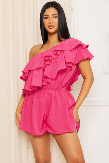 One Shoulder Romper - Double Ruffle Flare Shorts Elastic Waist BOUTINIE