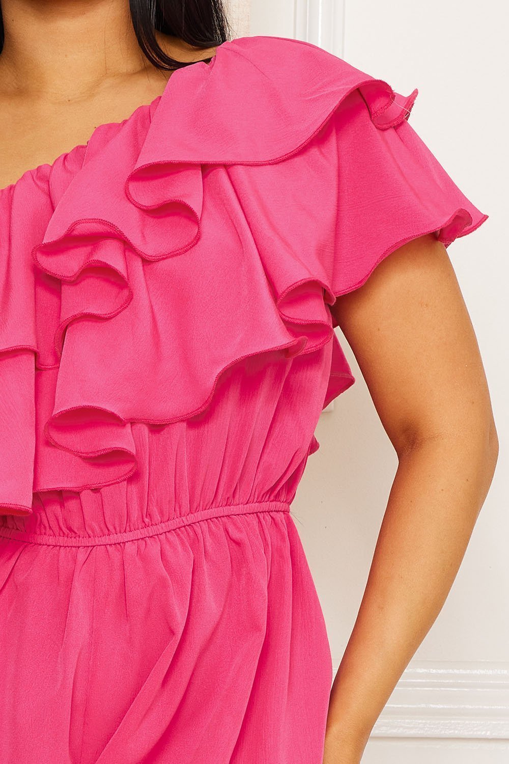 One Shoulder Romper - Double Ruffle Flare Shorts Elastic Waist BOUTINIE