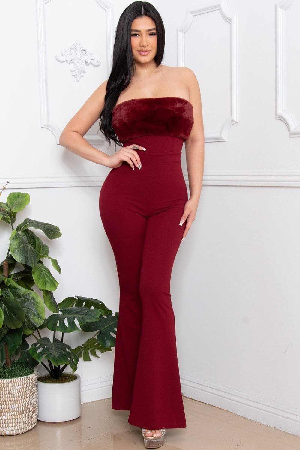 Faux Fur Jumpsuit - Tube Top Pleated Bell Bottom Zipper Back BOUTINIE