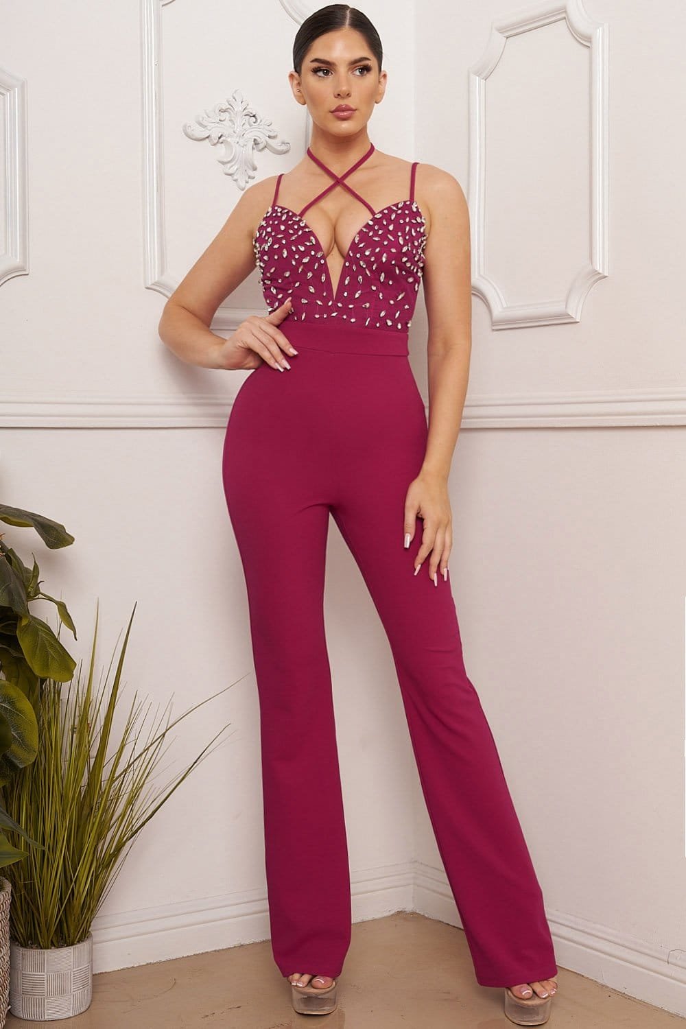 Rhinestone Mesh Jumpsuit – Beaded Strap Neck Bell Bottom BOUTINIE