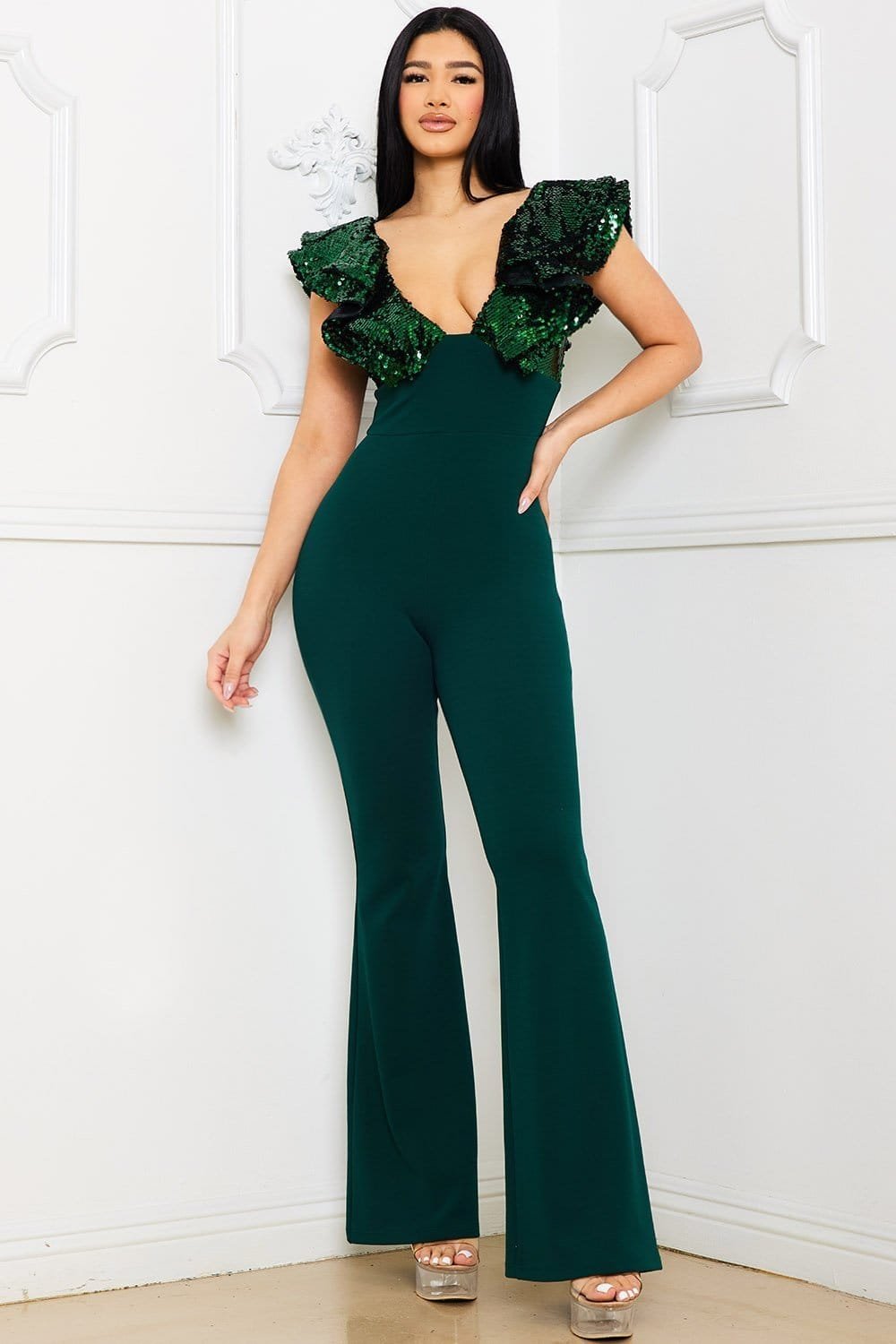 Sequin Ruffle Sleeve Jumpsuit With Plunging V-Neck & Bell Bottom BOUTINIE