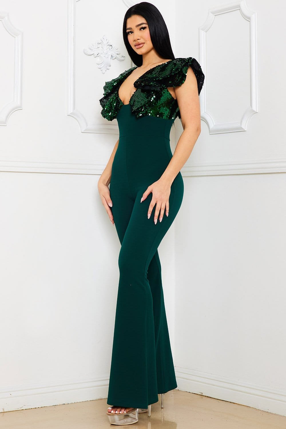 Sequin Ruffle Sleeve Jumpsuit With Plunging V-Neck & Bell Bottom BOUTINIE