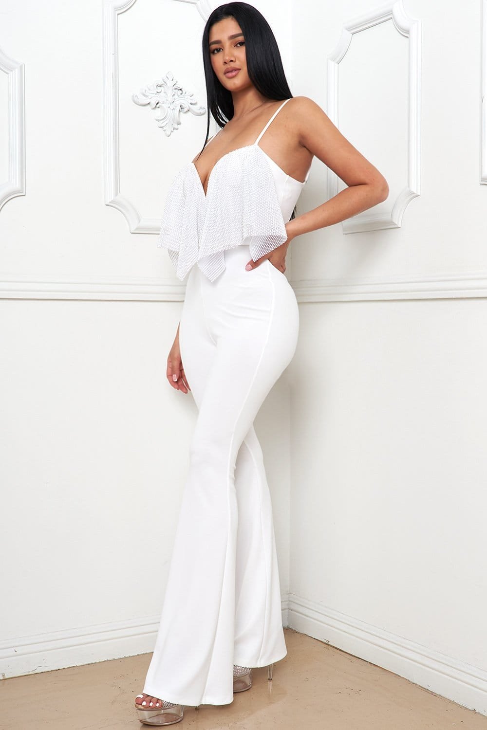 Rhinestone Mesh Jumpsuit With Adjustable Straps & Zipper BOUTINIE