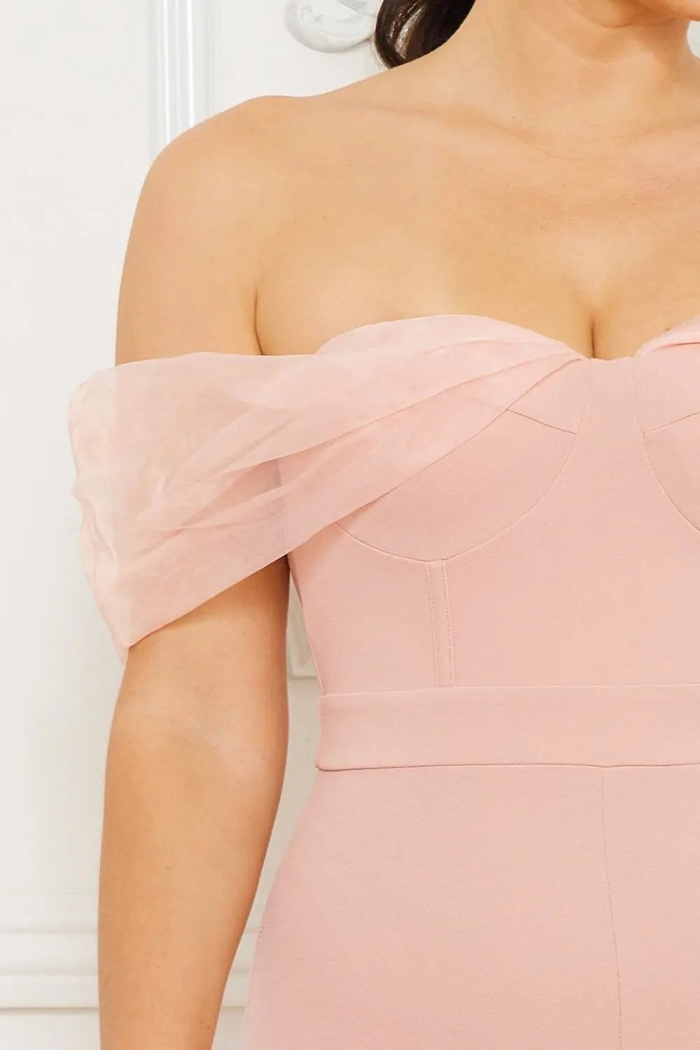 Off Shoulder Jumpsuit | Mesh Bell Bottom Zipper Back Style BOUTINIE