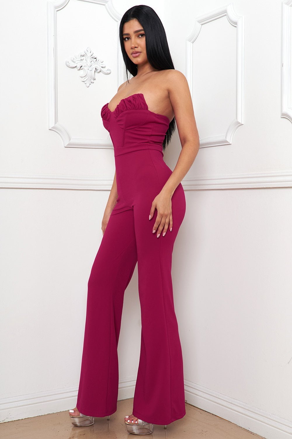 Sweetheart Neck Jumpsuit - Pleated Bust Bell Bottom Zipper Back BOUTINIE
