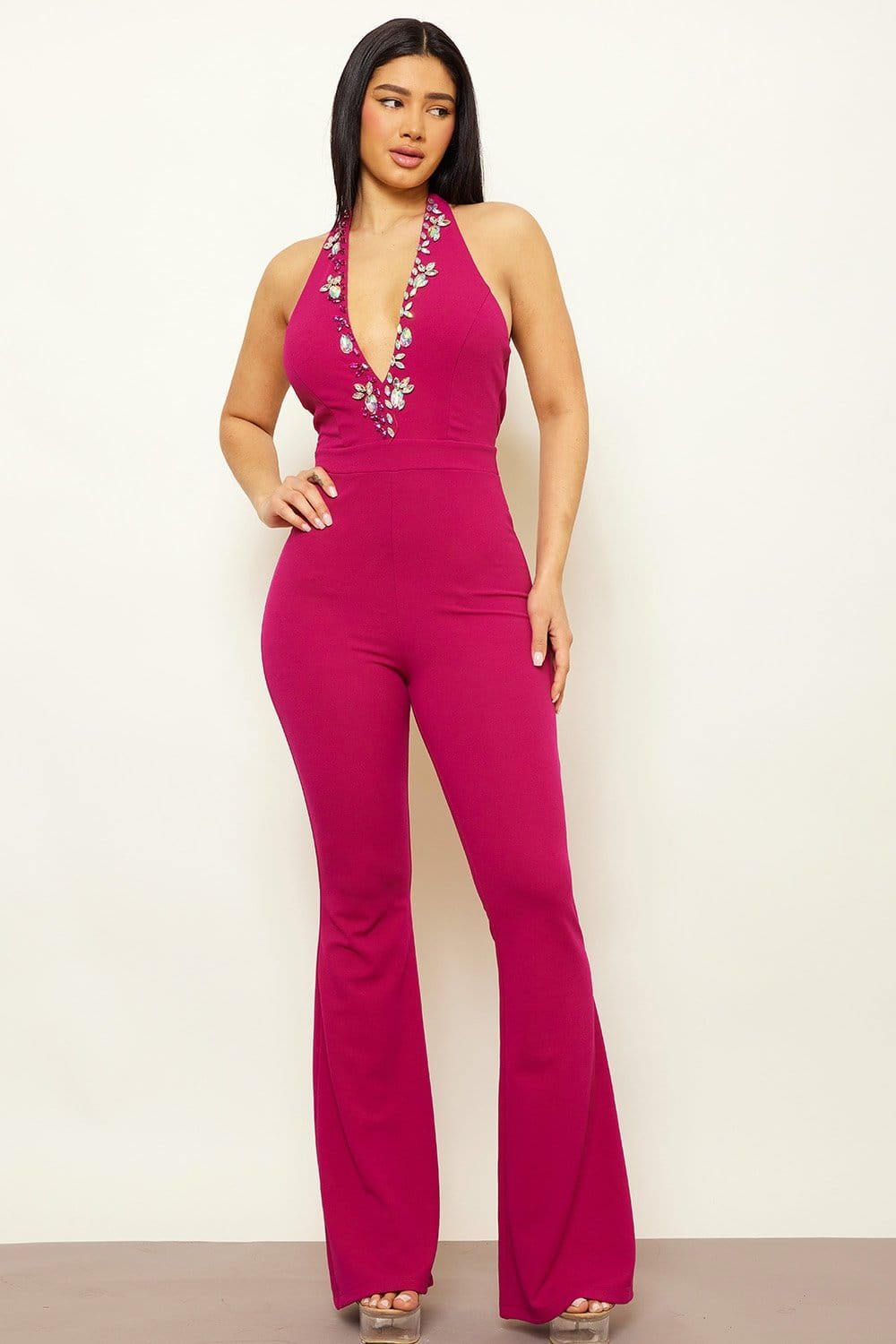 Rhinestone Halter Jumpsuit – Deep V Neck Open Back Bell Bottom BOUTINIE